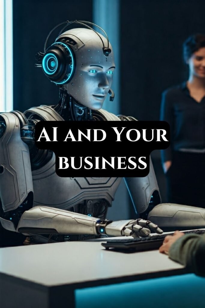 AI and your business text is in image. In the background there is a robot chatting on a keyboard.